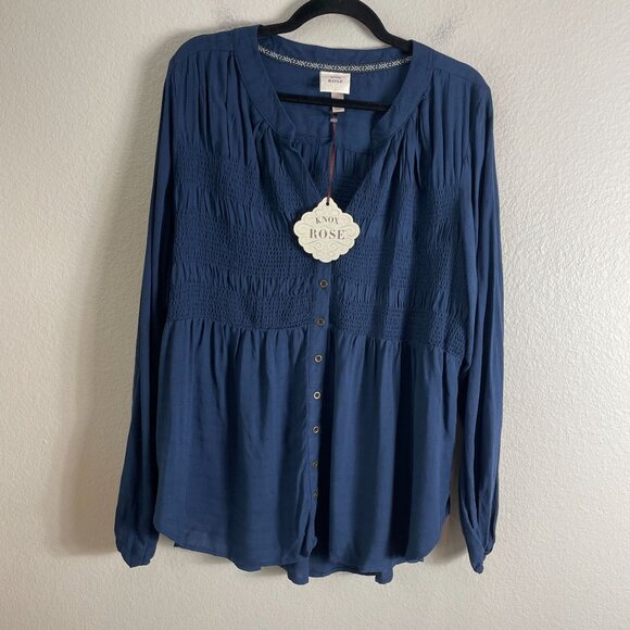 NEW Knox Rose Womens Plus 1X Blue Long Sleeve Button Front Top Smocked Blouse - Picture 6 of 9